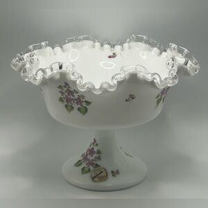 Vintage Fenton Silver Crest "Violets in the Snow" HandPainted Milk Glass Compote